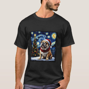Bulldog Starry Night Christmas Van Gogh Dog Santa  T-Shirt