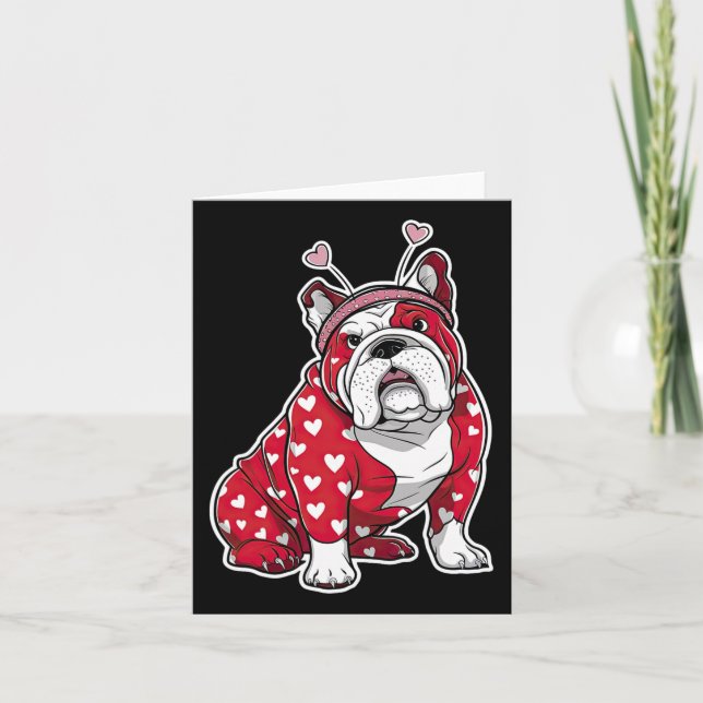 Bulldog Valentine Day Plaid Heart Pattern Dog Head Card (Front)