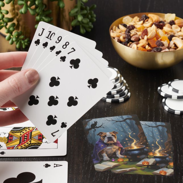 Bulldog Whimsical Halloween Painting Playing Cards (In Situ)