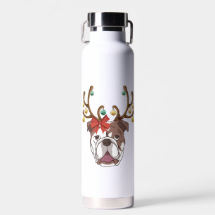 Bulldog With Antlers For Christmas Water Bottle
