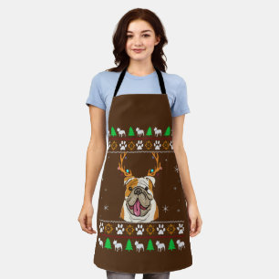 Bulldog With Antlers in an UGLY Christmas Apron