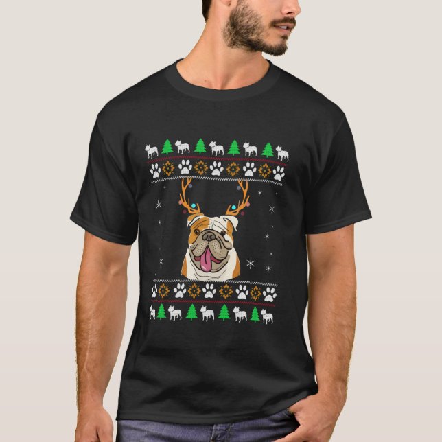 Bulldog With Antlers in an UGLY Christmas T-Shirt (Front)