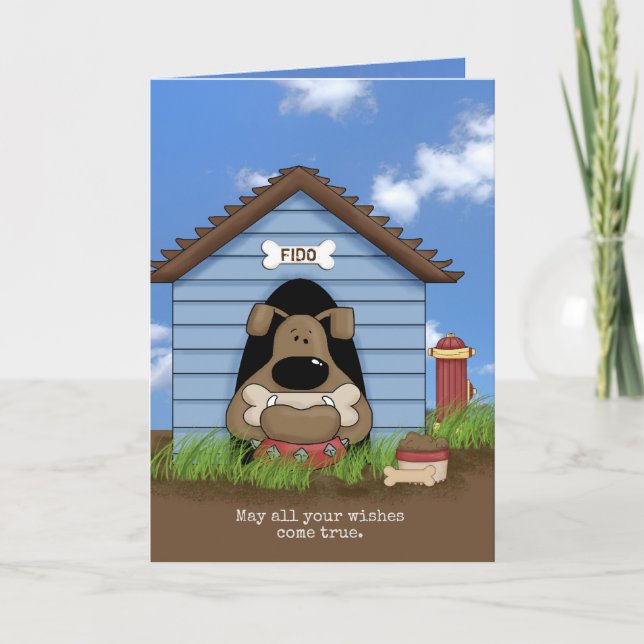 bulldog with bone in dog house birthday card (Front)