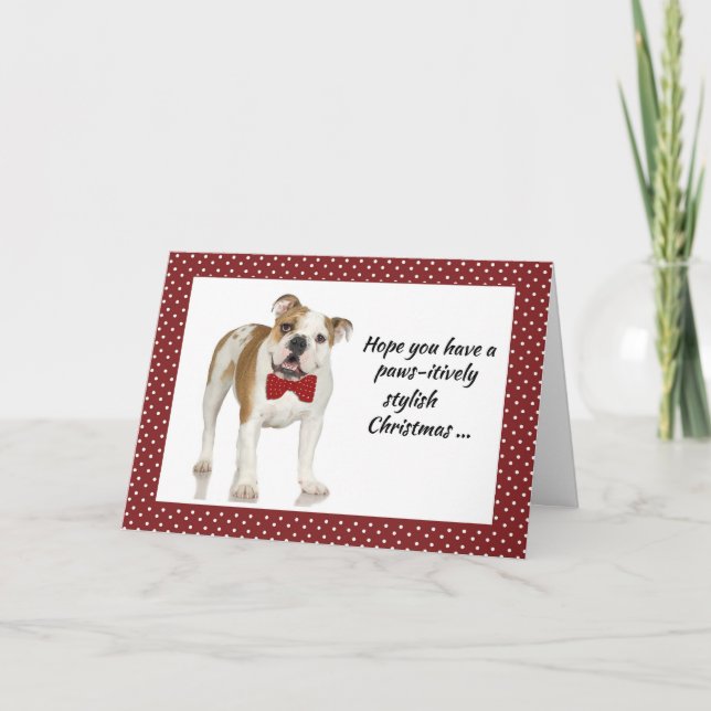 Bulldog with Bow Tie Christmas Card on Red (Front)