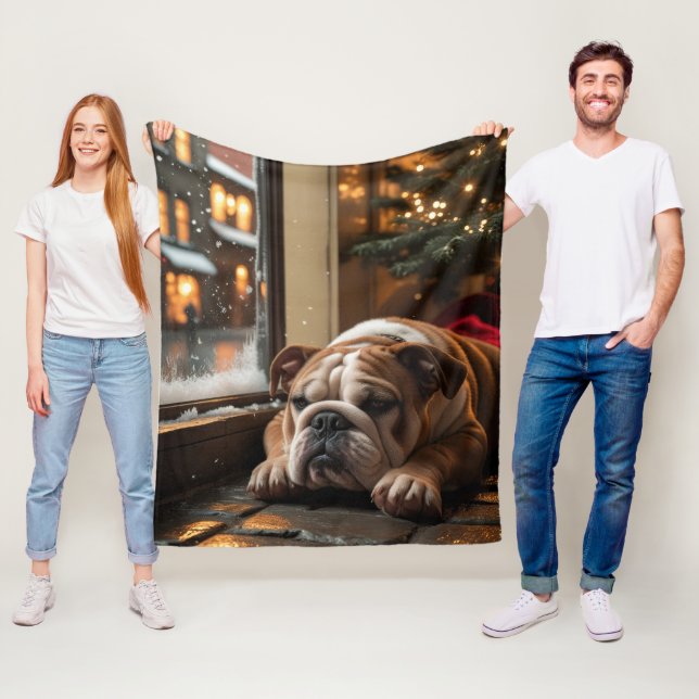 Bulldog with Christmas Lights Holiday Fleece Blanket (In Situ)