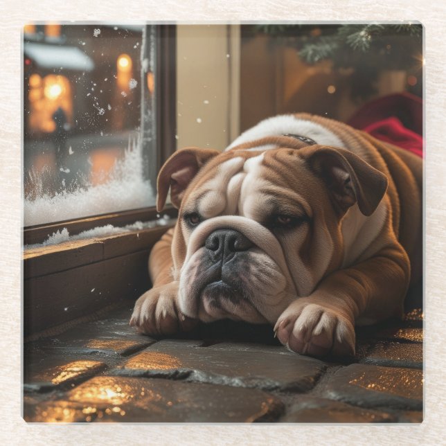 Bulldog with Christmas Lights Holiday Glass Coaster (Front)