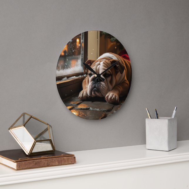 Bulldog with Christmas Lights Holiday Large Clock (Office)