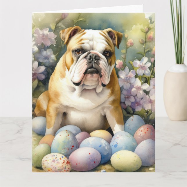 Bulldog with Easter Eggs Holiday Card (Front)