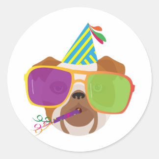 Bulldog With Party hat and Sunglasses Classic Round Sticker