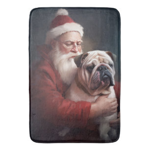 Bulldog With Santa Claus Festive Christmas  Bath Mat