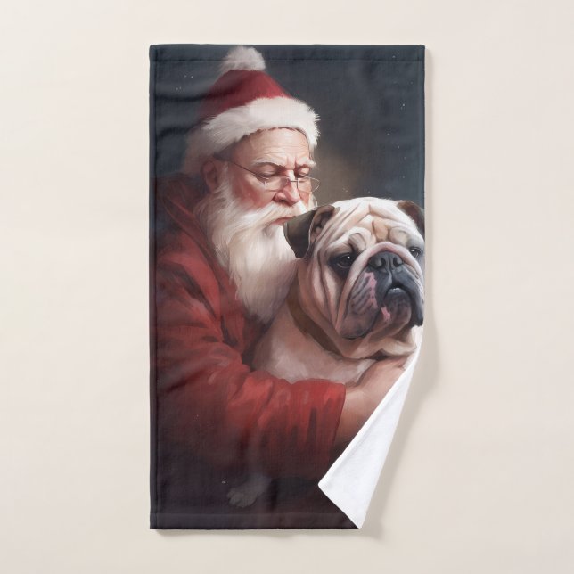 Bulldog With Santa Claus Festive Christmas  Bath Towel Set (Hand Towel)