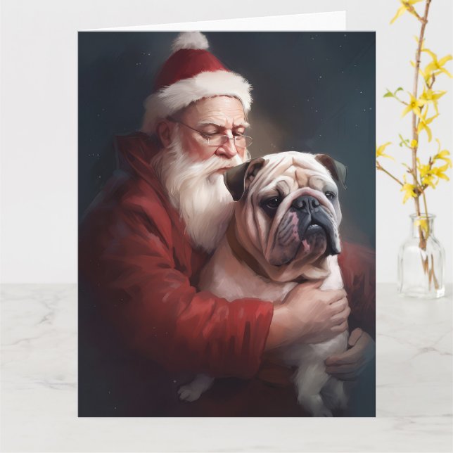 Bulldog With Santa Claus Festive Christmas  Card (Yellow Flower)