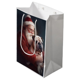 Bulldog With Santa Claus Festive Christmas Medium Gift Bag