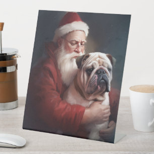 Bulldog With Santa Claus Festive Christmas  Pedestal Sign