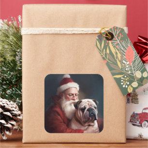 Bulldog With Santa Claus Festive Christmas  Square Sticker