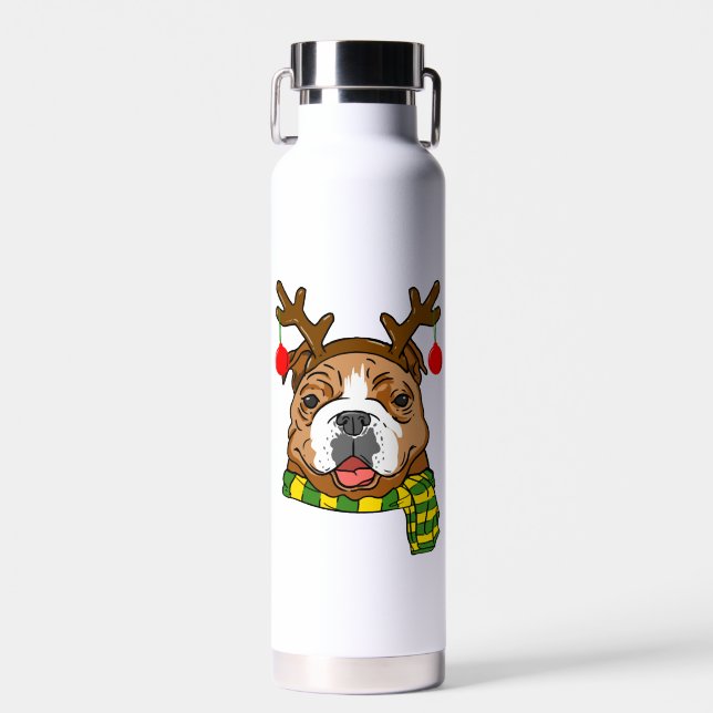 Bulldog Xmas Reindeer Horns Dog Lover Christmas Water Bottle (Front)