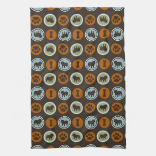 Bulldogs Pattern with Paw Prints and Dog Biscuits Kitchen Towel