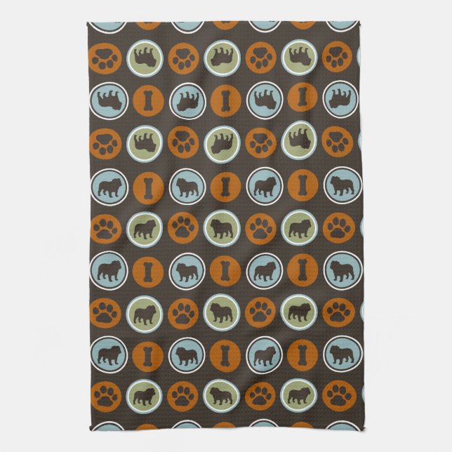 Bulldogs Pattern with Paw Prints and Dog Biscuits Kitchen Towel (Vertical)