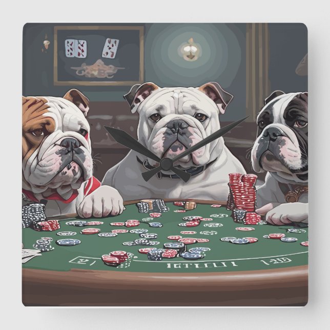 Bulldogs playing poker square wall clock (Front)