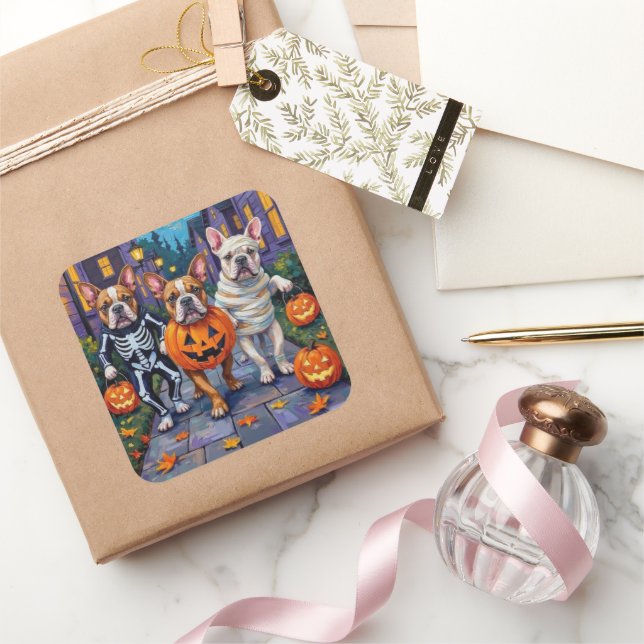 Bulldogs Trick-or-Treating in Halloween Costumes Square Sticker (Gifting)