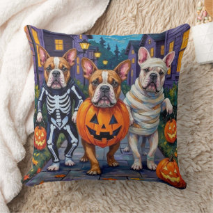 Bulldogs Trick-or-Treating in Halloween Costumes Throw Pillow