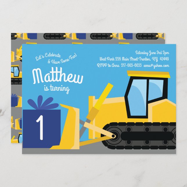 Bulldozer 1er anniversaire Invitations (Devant / Derrière)