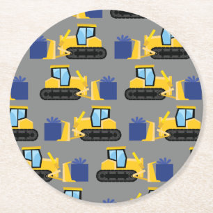 Bulldozer Birthday Party Construction Round Paper Coaster