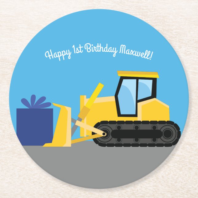Bulldozer Birthday Party Construction Round Paper Coaster (Front)
