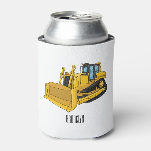Bulldozer cartoon illustration can cooler (Can Front)