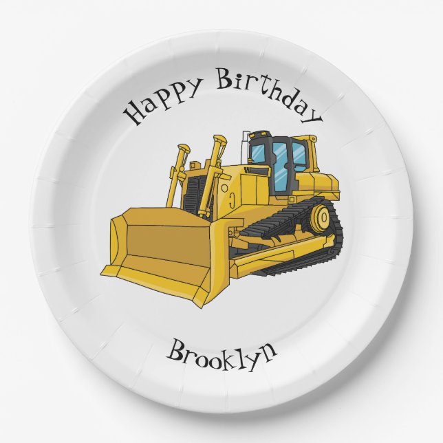 Bulldozer cartoon illustration paper plate (Front)