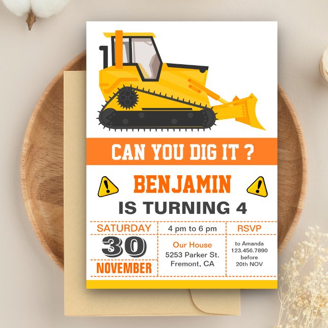 Bulldozer Construction Kids Birthday Party Invitation (Creator Uploaded)