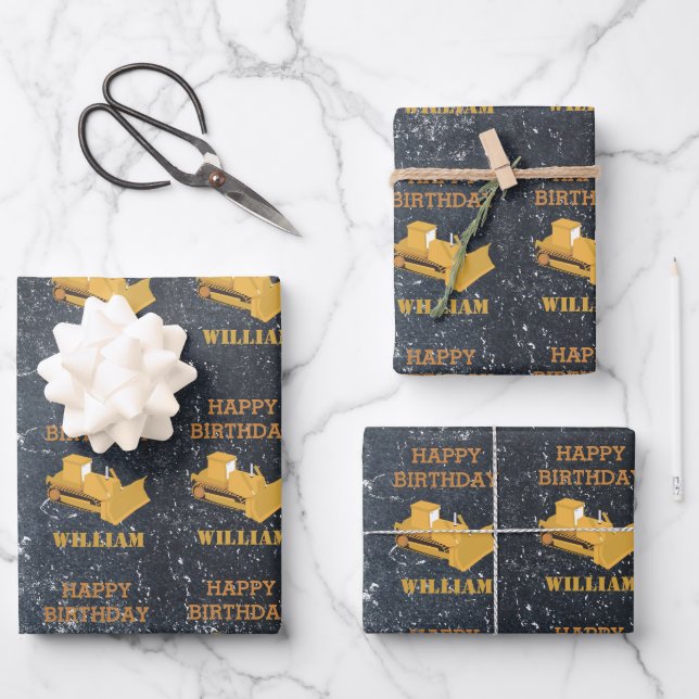 Bulldozer Construction Truck Birthday Boy Wrapping Paper Sheet (Front)