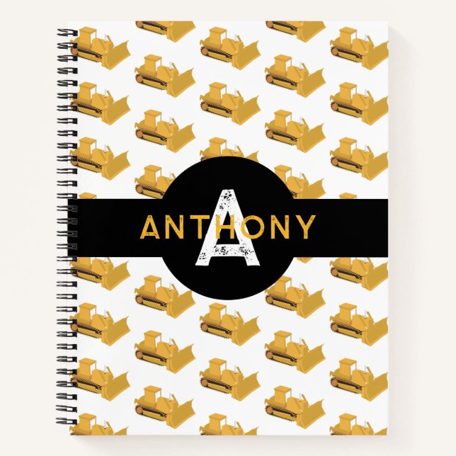 Bulldozer Construction Truck Kids Monogram Notebook (Front)
