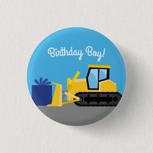 Bulldozer Cute 1st Birthday Party Construction 1 Inch Round Button (Front)