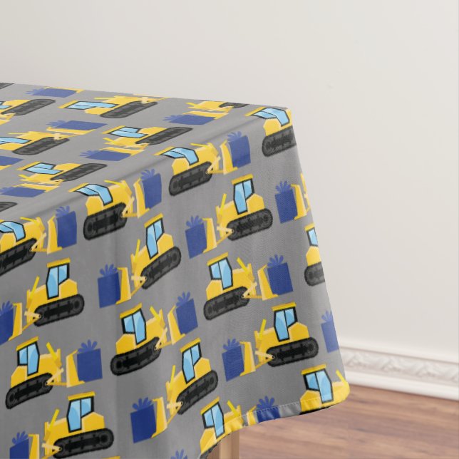 Bulldozer Cute 1st Birthday Party Construction Tablecloth (In Situ)