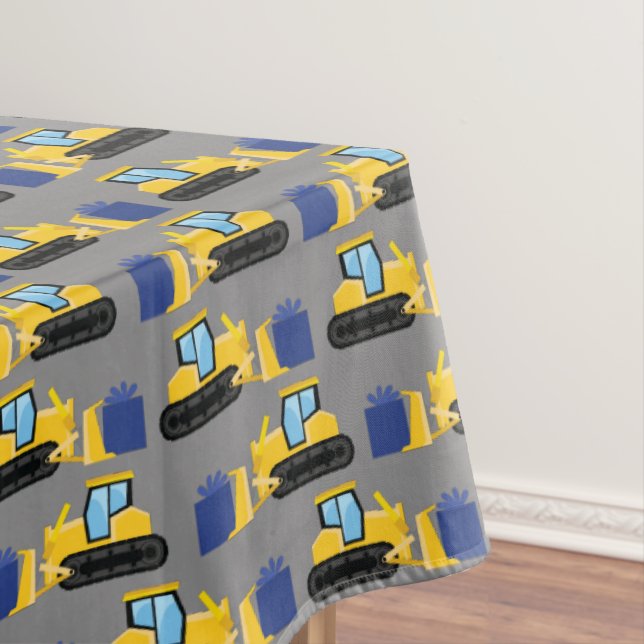 Bulldozer Cute 1st Birthday Party Construction Tablecloth (In Situ)
