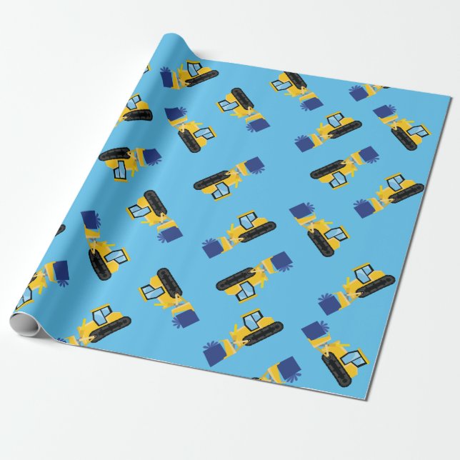Bulldozer Cute 1st Birthday Party Construction Wrapping Paper (Unrolled)
