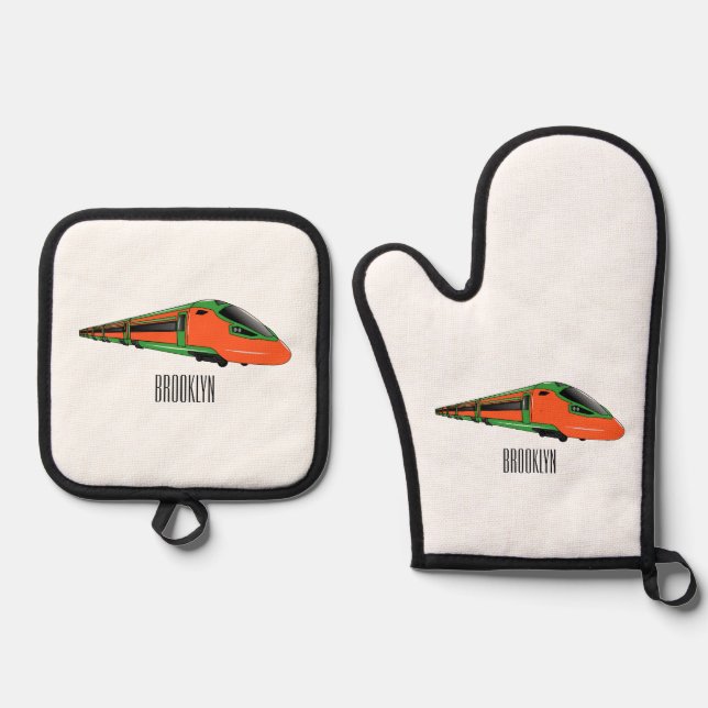 Bullet train cartoon illustration oven mitt & pot holder set (Front)