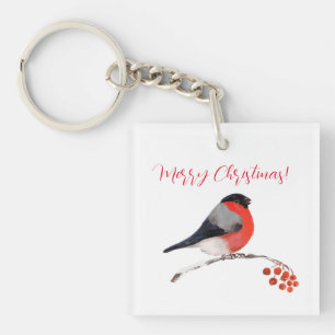 Bullfinch and red berries, Merry christmas Keychain