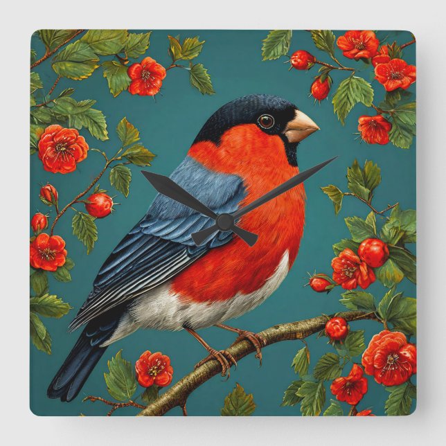 Bullfinch bird on a tree square wall clock (Front)