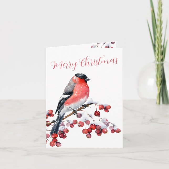 Bullfinch Christmas Bird Snowy Red Berries Holiday Card (Front)