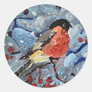 bullfinch on a branch with red berries, it's snowi classic round sticker