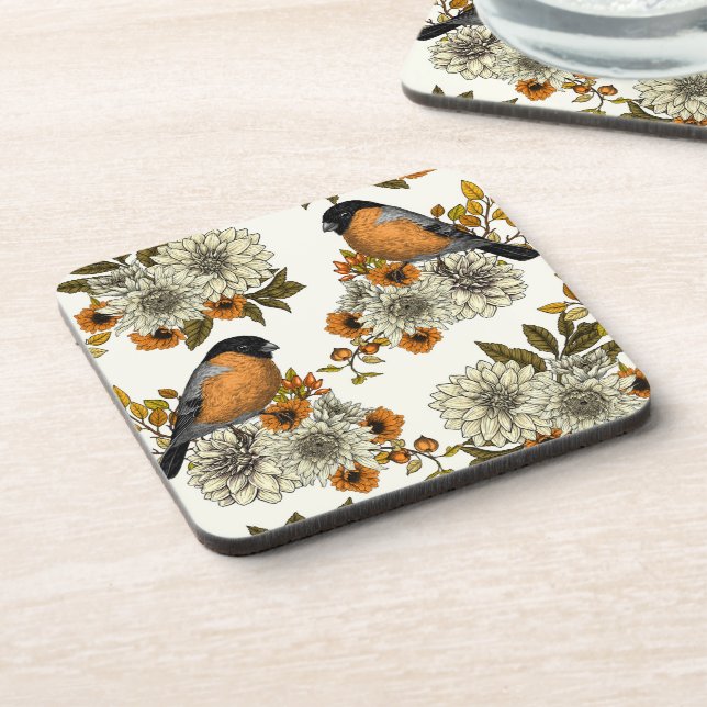Bullfinch on autumn florals 2 coaster (Left Side)