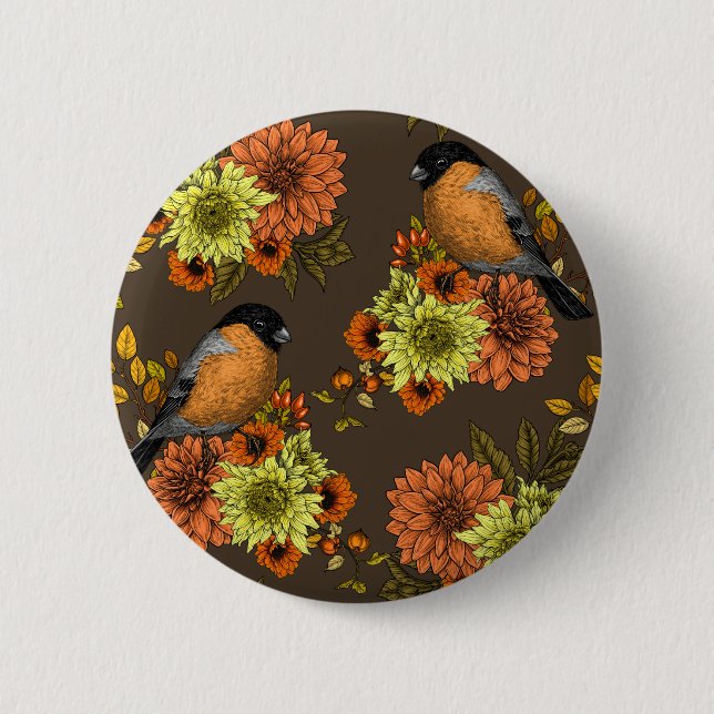 Bullfinch on autumn florals 2 inch round button (Front)