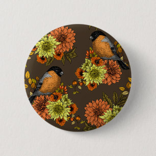 Bullfinch on autumn florals 2 inch round button