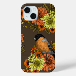 Bullfinch on autumn florals iPhone 15 case