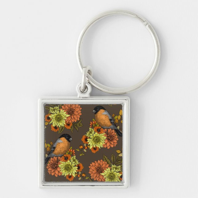 Bullfinch on autumn florals keychain (Front)