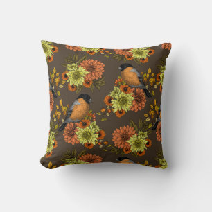 Bullfinch on autumn florals throw pillow