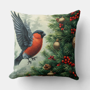 Bullfinch Perched on Decorated Christmas Tree Throw Pillow