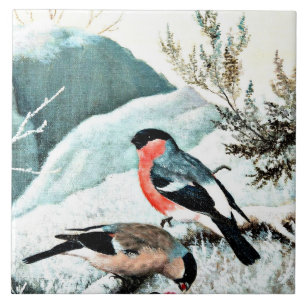 Bullfinches in Winter Landscape Tile